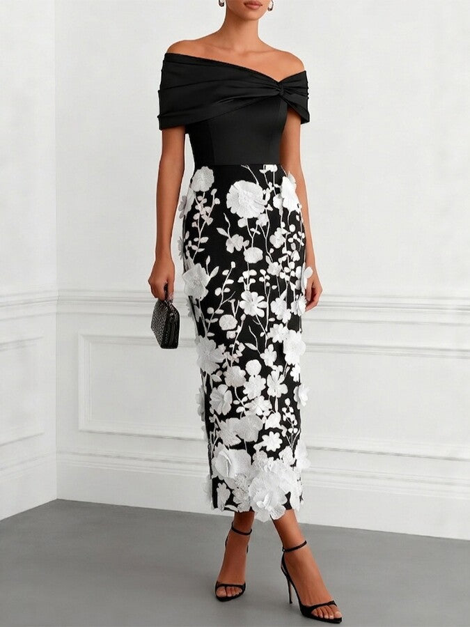 Off-shoulder midi dress with faux 3D floral embroidery