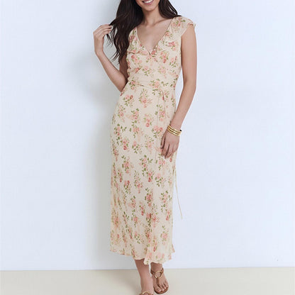 V-neck floral lace-up slim dress