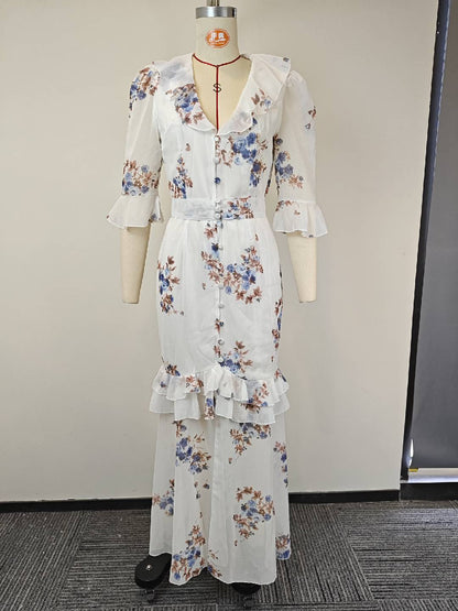 V-neck Vintage-print puff-sleeve slit maxi dress
