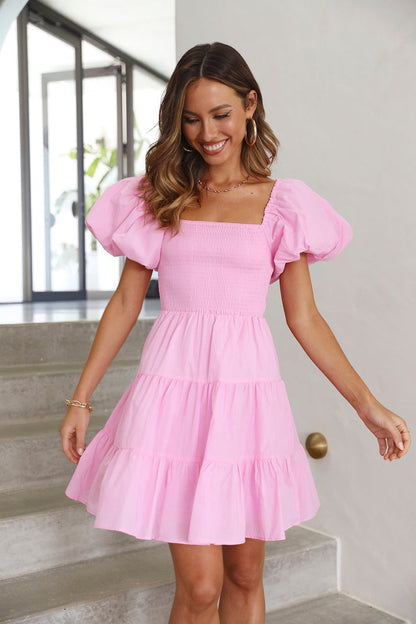 pink square neck puff sleeves ruffled pleated dress