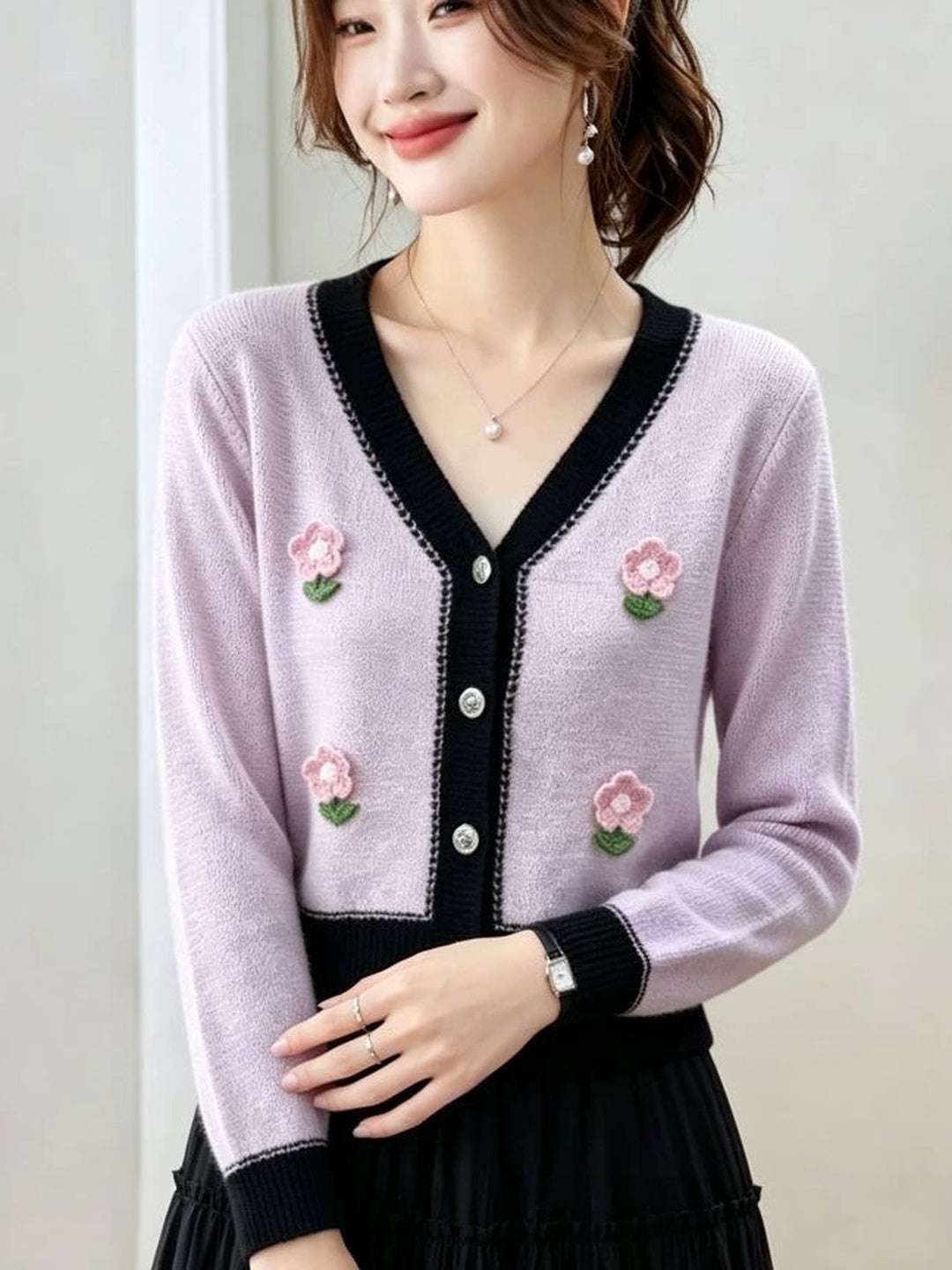 Color-blocked Floral Cardigan