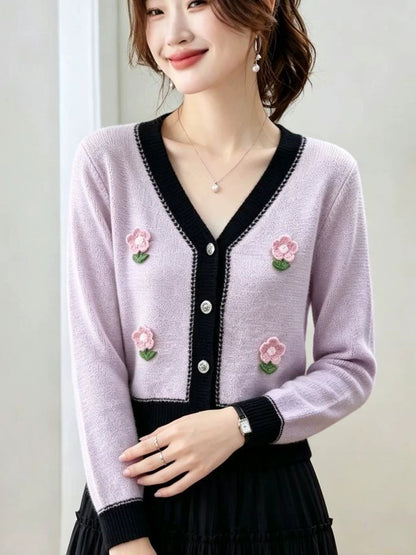 Color-blocked Floral Cardigan