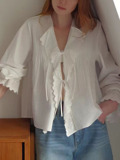 white Embroidered Lace Shoulder Tucker Cotton Lace-Up Shirt