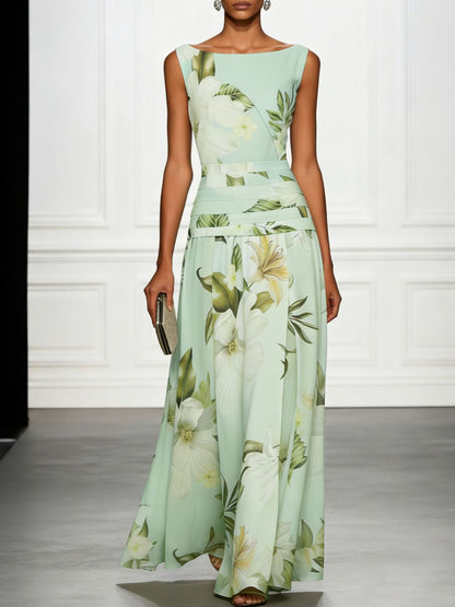 Floral Print Ruched Sleeveless A-Line Maxi Dress
