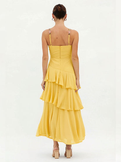 yellow Cascading Ruffle Floral Decorative Dress