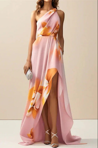 pink print hip hugging step maxi dress