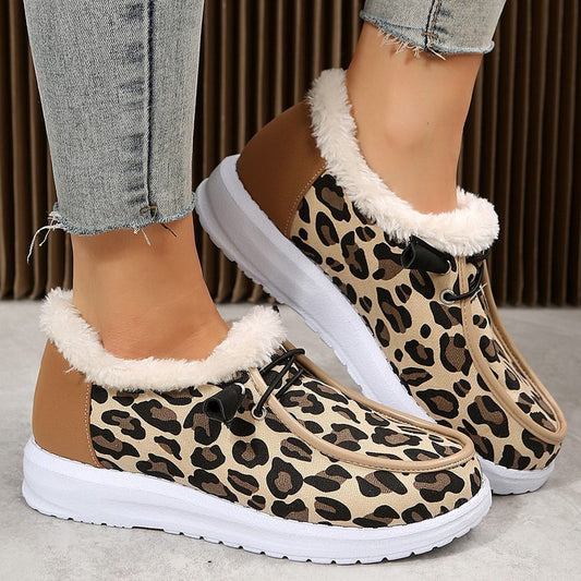 Leopard flat slip-on plush snow shoes