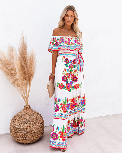 Off-shoulder printed maxi dress with a full skirt