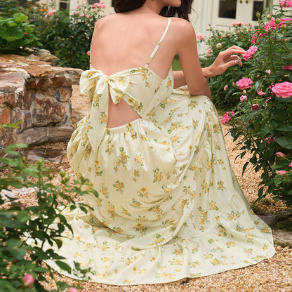 yellow V-neck floral print backless camisole dress