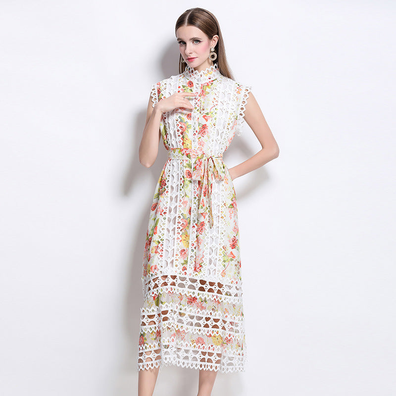 print A-line lace trim midi dress - white