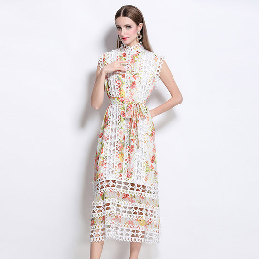 print A-line lace trim midi dress - white