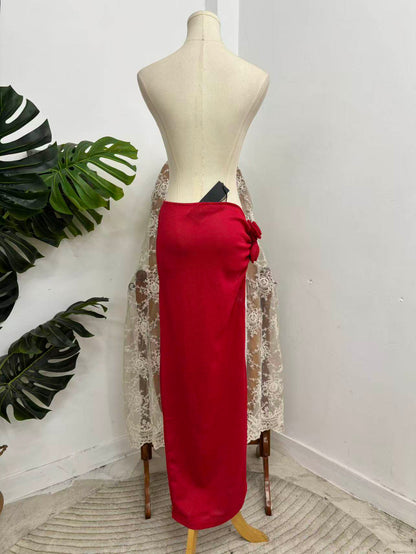 Red Knit Sheer Flower Skirt