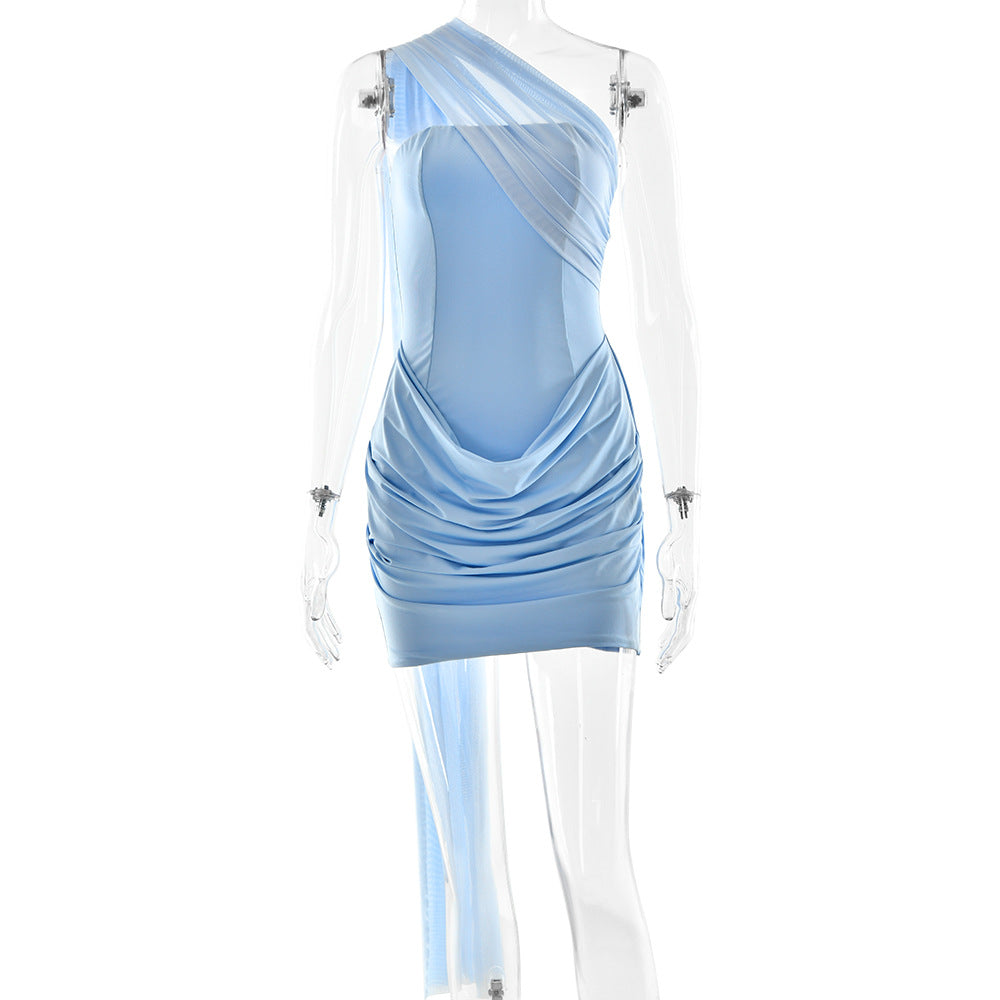 blue Bandeau Streamer Pleated mini Dress