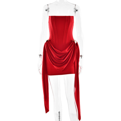 red open back bandeau streamer mini dress