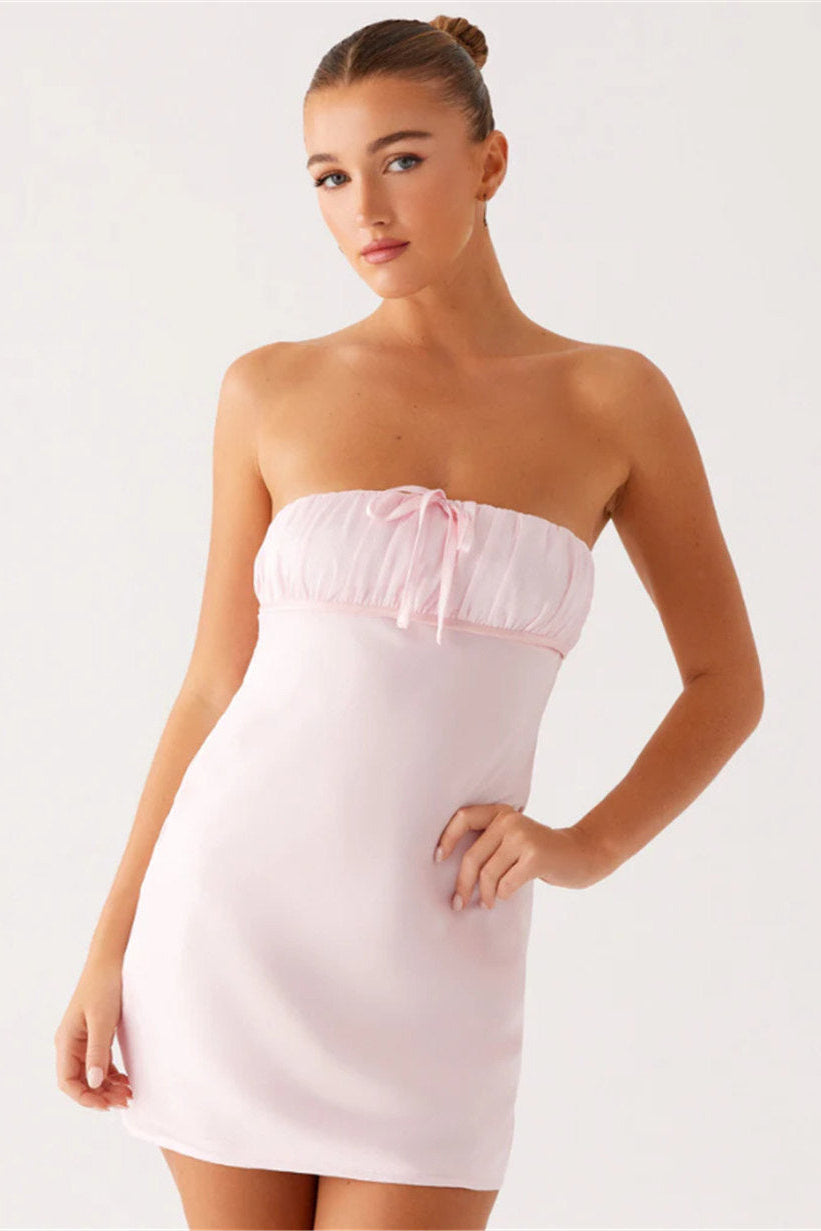 ballet pink bandeau lace-up pleated dress