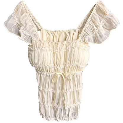 Cross-border foreign trade women's summer French sweet style U-neck short sleeve women's flying sleeves with chest pads fashion T-shirt tops