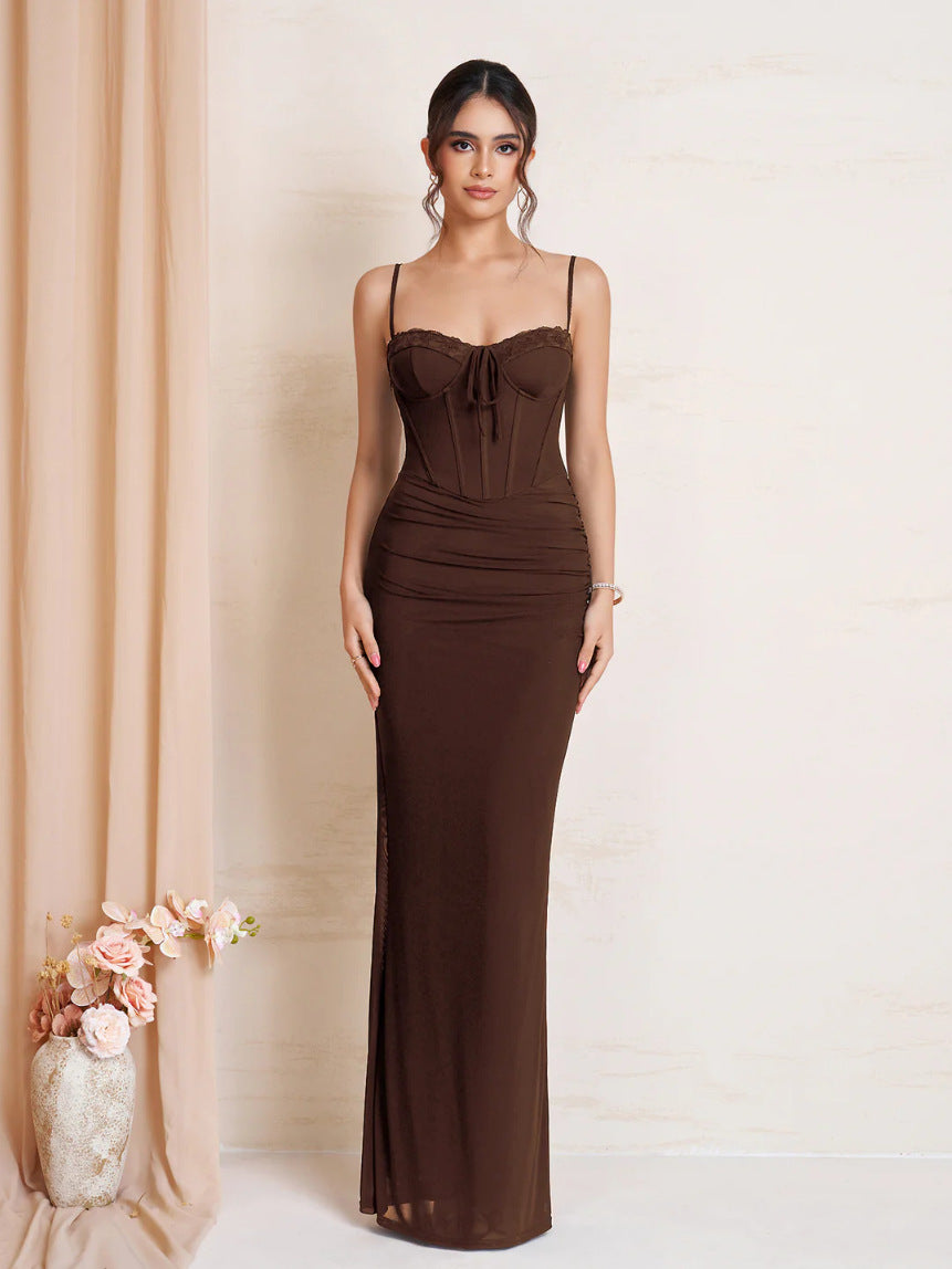 brown suspender mesh lace patchwork lace-up pleated dress