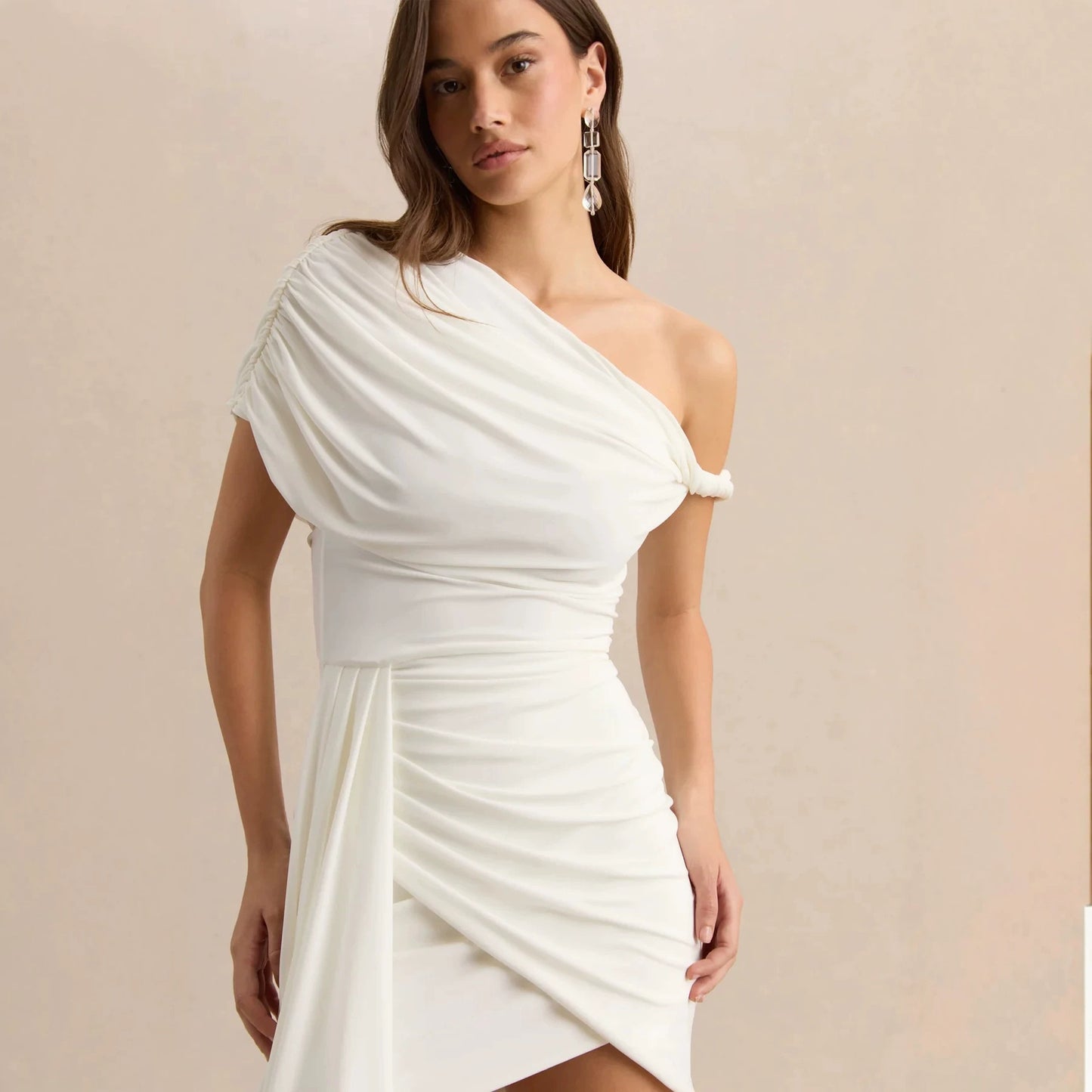 white Asymmetrical Strap Pencil Dress