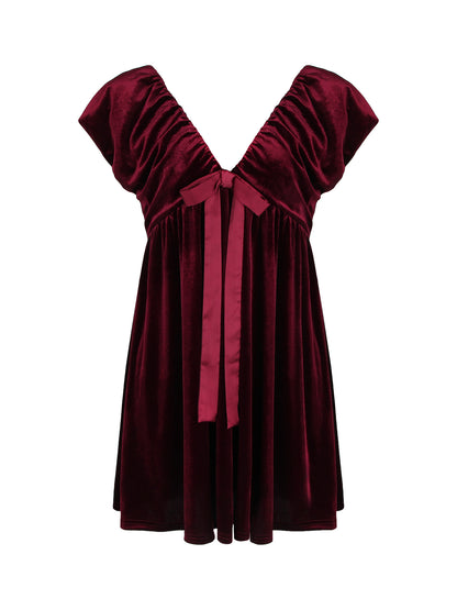 red V-neck bow gold velvet dress