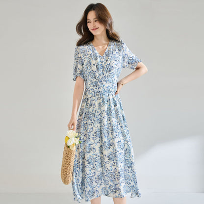 Linen blue floral print midi dress