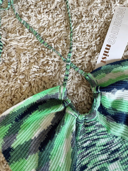 green knitted halterneck lace-up wrap dress