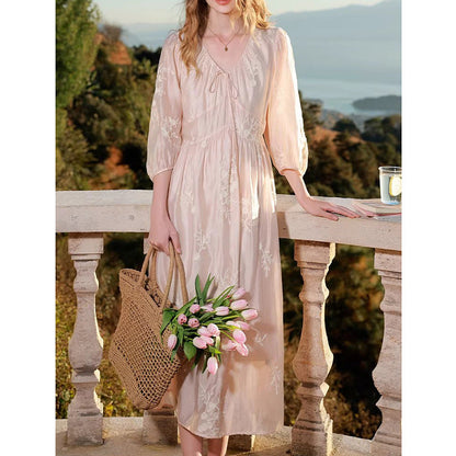 French Lyocell Embroidered A-line midi Dress