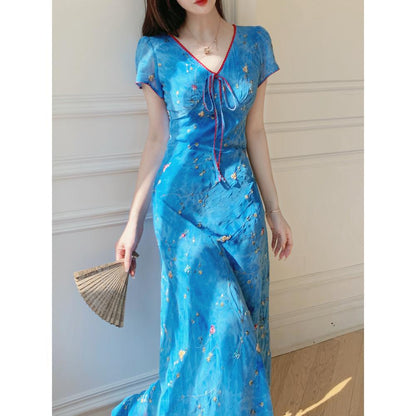lesley v-neck floral Printed Embroidery maxi dress  - blue