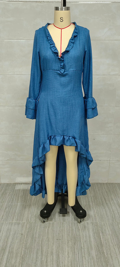 Bohemian-style ruffled asymmetrical V-neck maxi dress