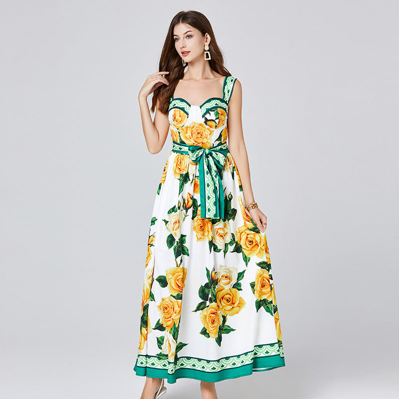 Off-shoulder backless printed sleeveless camisole maxi dress