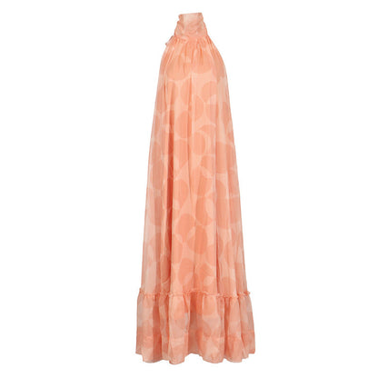 Backless halter neck sleeveless full skirt ruffle dress