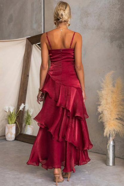 Premium Fabric Red Tiered Ruffle Maxi Dress Premium Fabric - product view 4