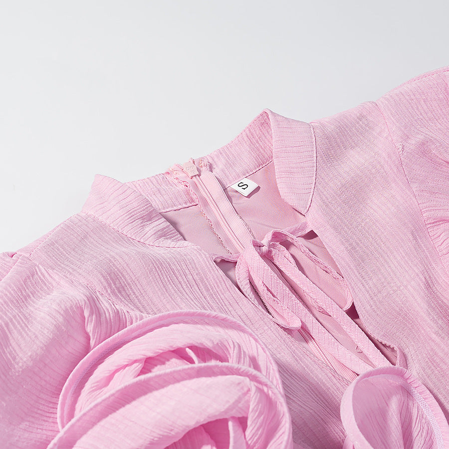 Bell-sleeve ruffled mini dress with tie detail