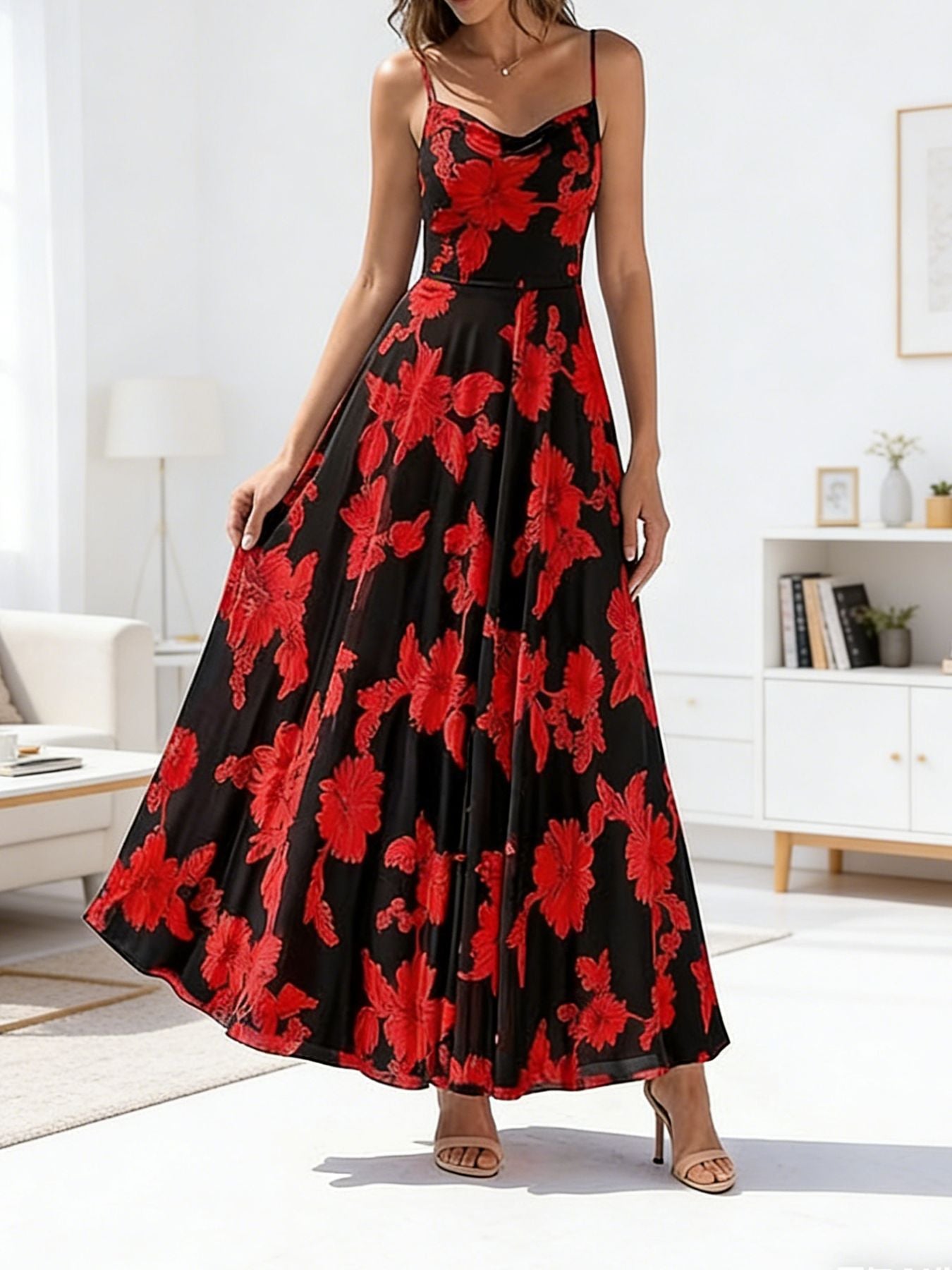 Swing Collar Strap Printed Chiffon Large Hem Waist-Cinching Dress