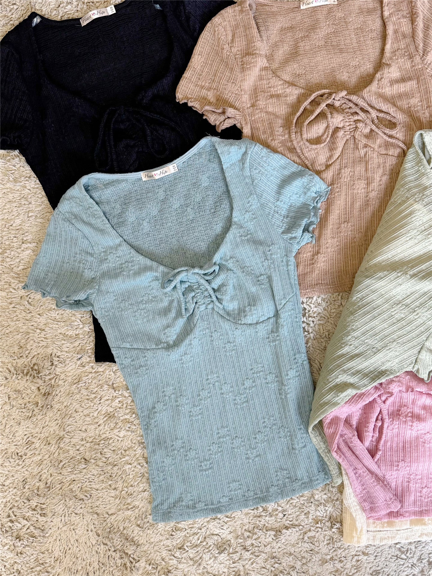 Ruched Front Ruffle Short Sleeve U-Neck Knit Top