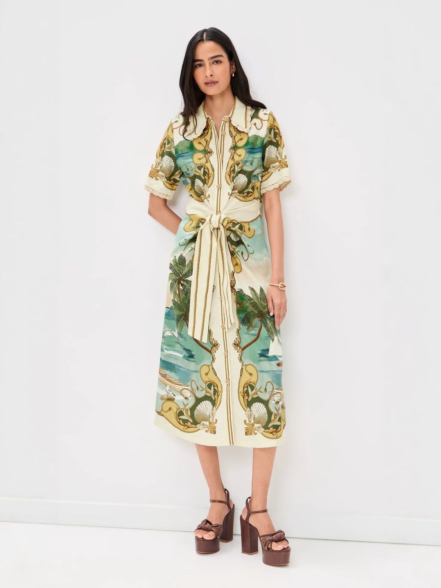 Vacation floral print short-sleeved cardigan maxi skirt with belt - green