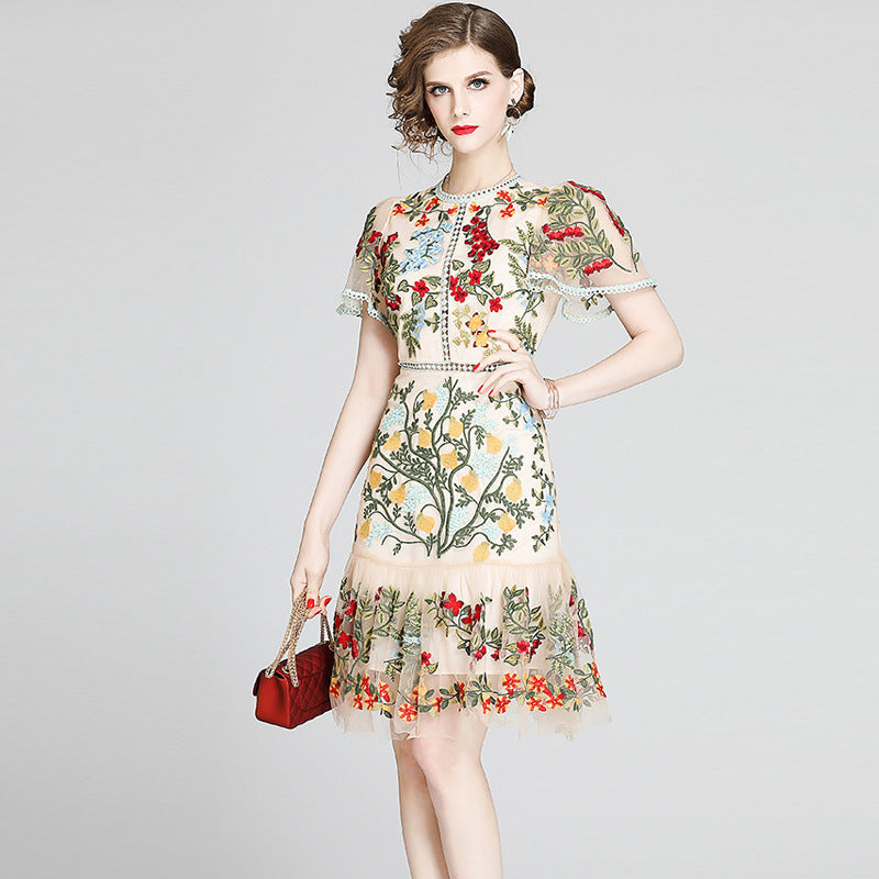 Lace Mesh Embroidered Ruffled Bodycon mini Dress