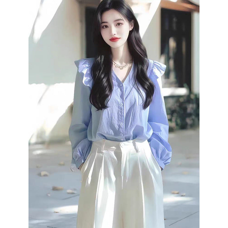 v-neck ruffle trim Long-sleeved shirt - blue