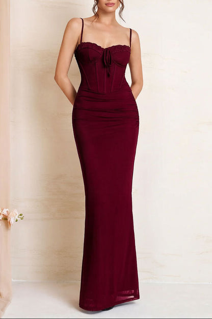 red wine suspender mesh lace patchwork lace-up pleated dress