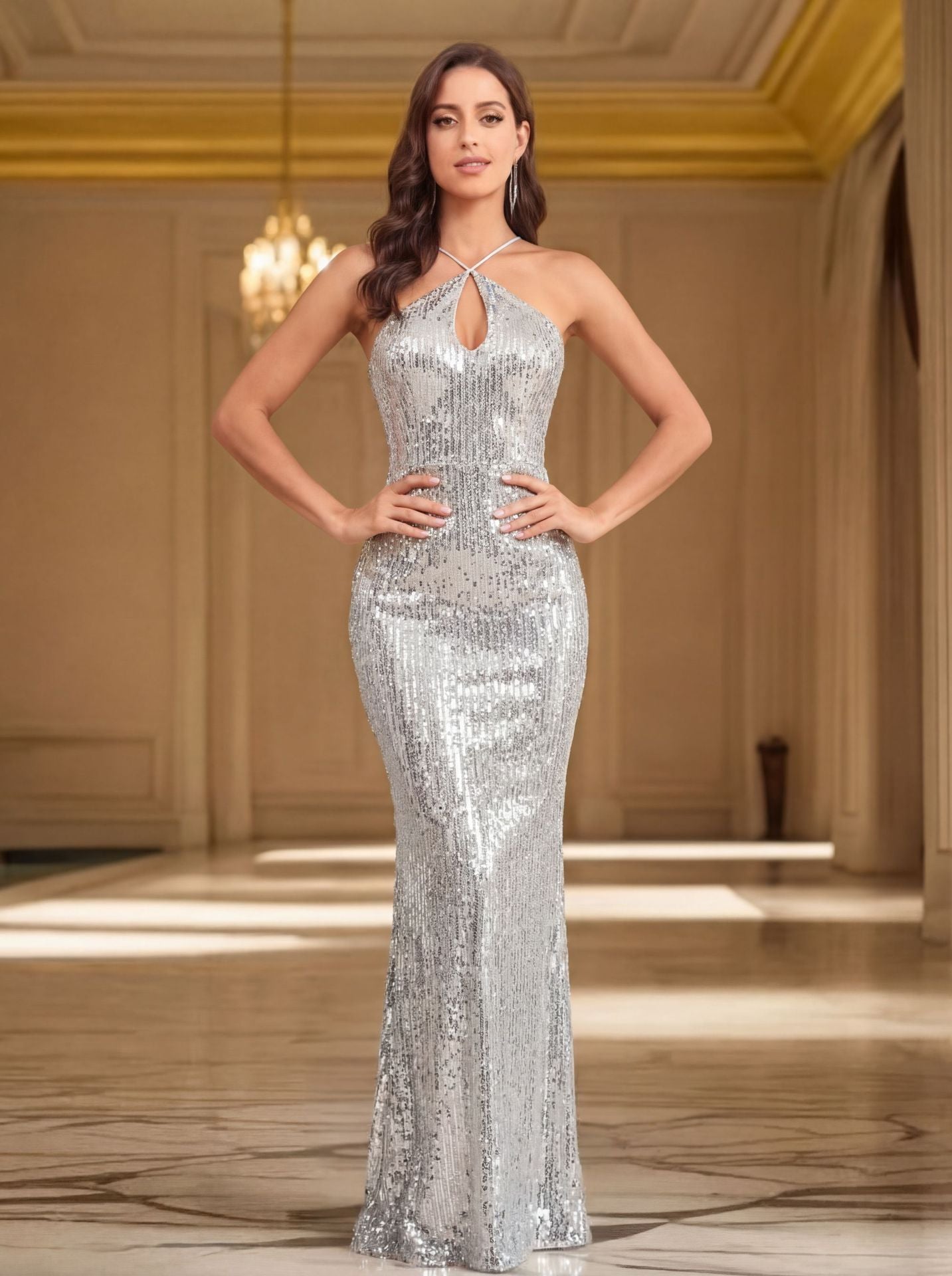 silver sequins halterneck open back dress