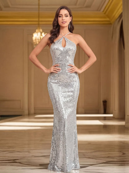 silver sequins halterneck open back dress