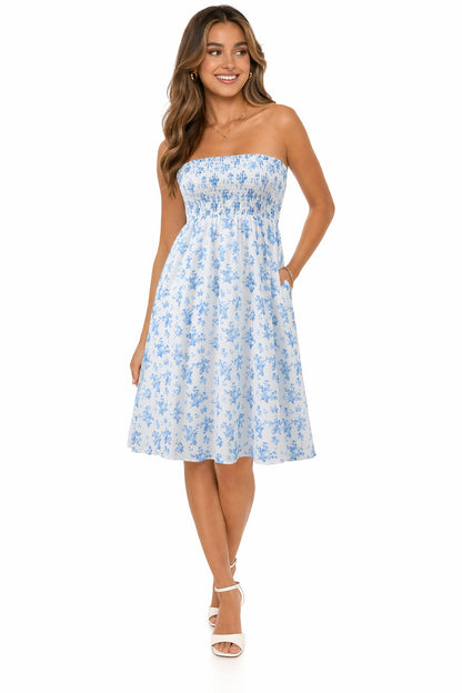 Beach-print strapless midi dress in pale blue
