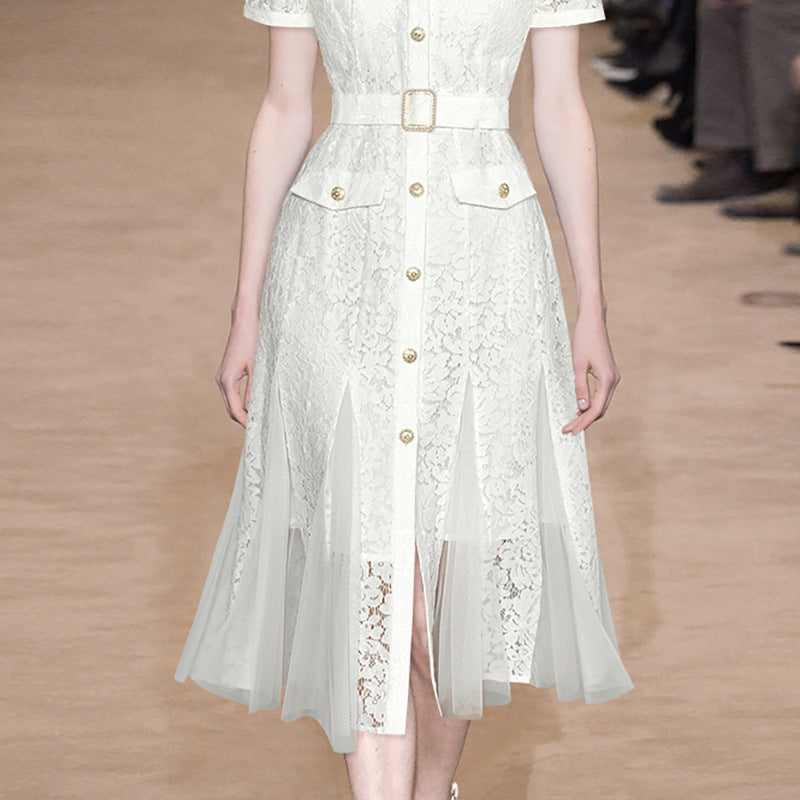 White Lace V-Neck Belted Midi Dress with Tulle Panels