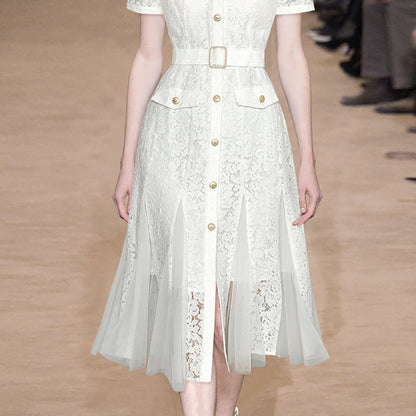 White Lace V-Neck Belted Midi Dress with Tulle Panels