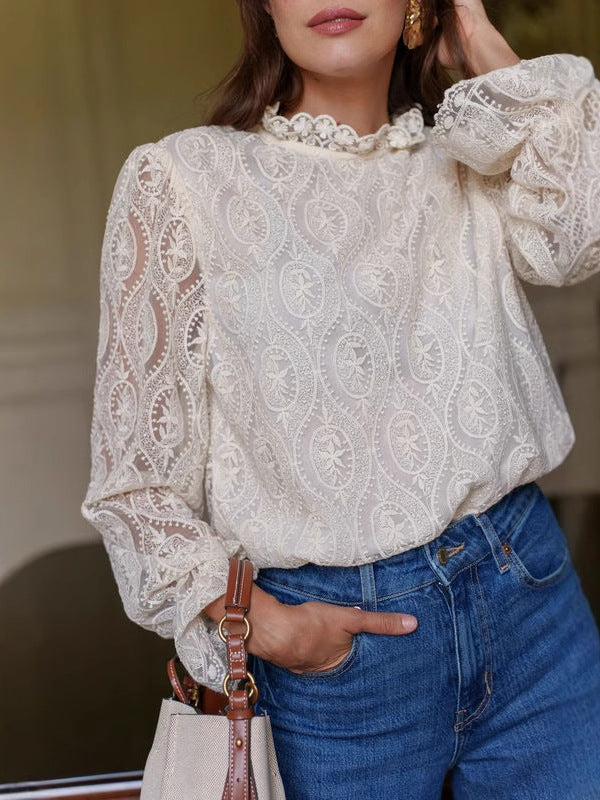 hollow lace long-sleeved top shirt