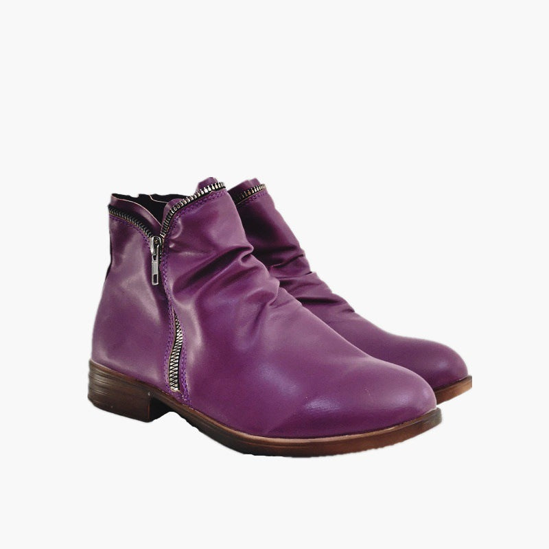 Double side zip pleated leather ankle boots