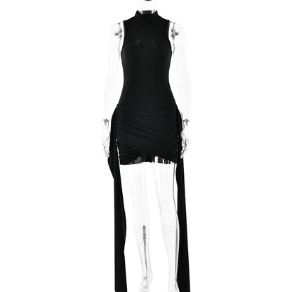 black round neck sleeveless hip tie dress