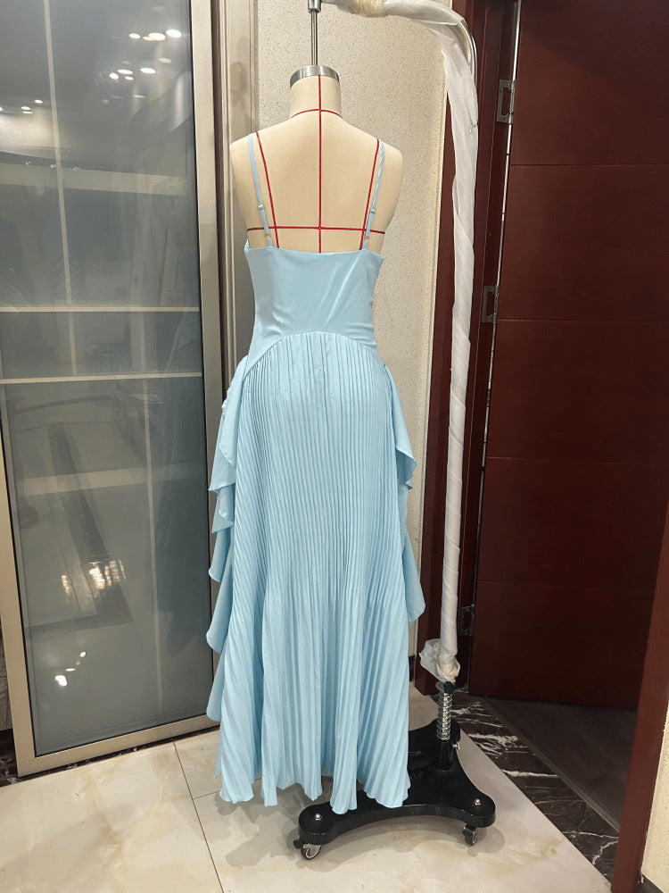 Light Blue Pleated Sleeveless V-Neck maxi Dress