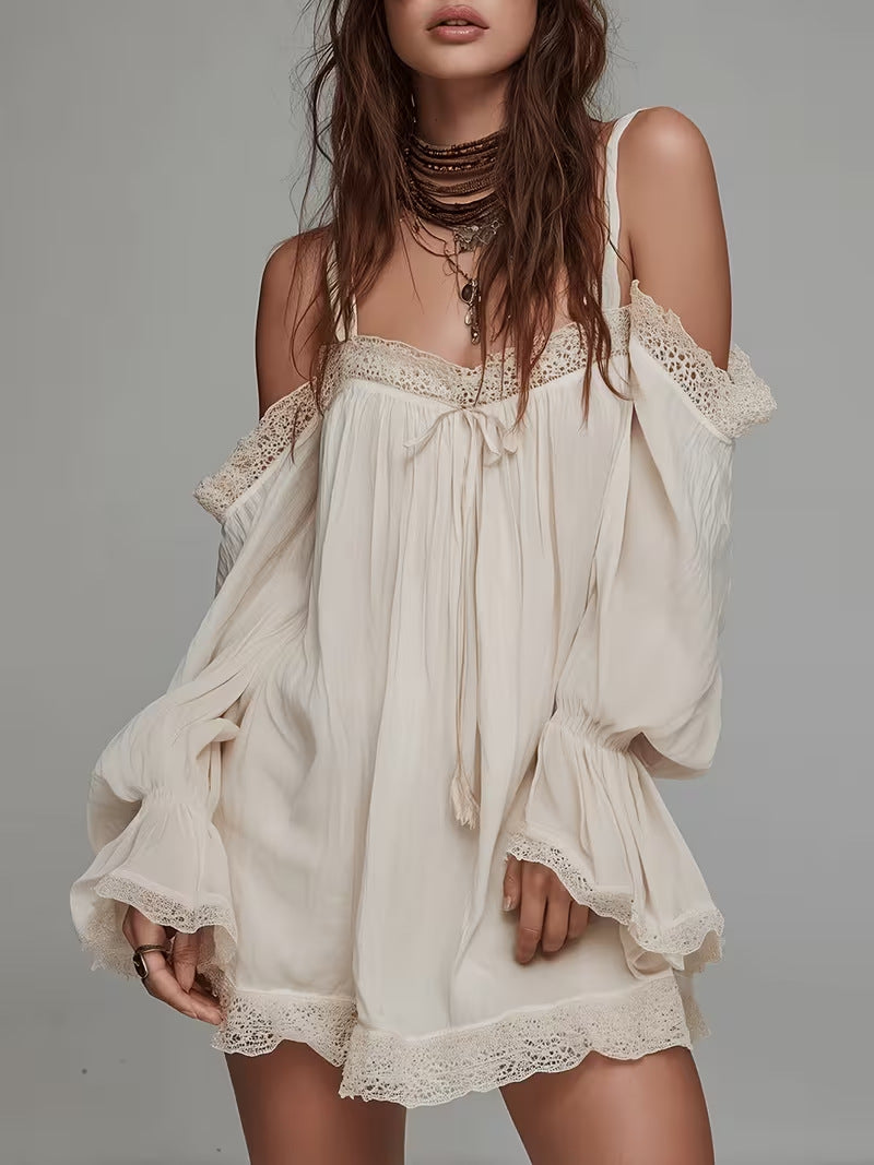 off-shoulder camisole mini dress with lace trim