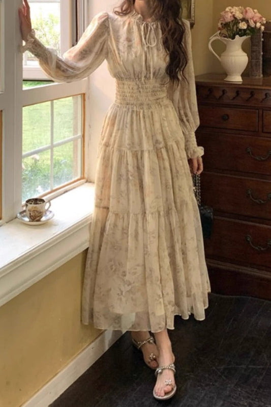 French floral print chiffon maxi dress
