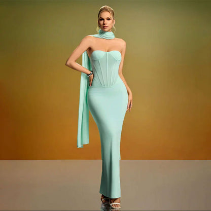 green strapless backless  fishbone dress